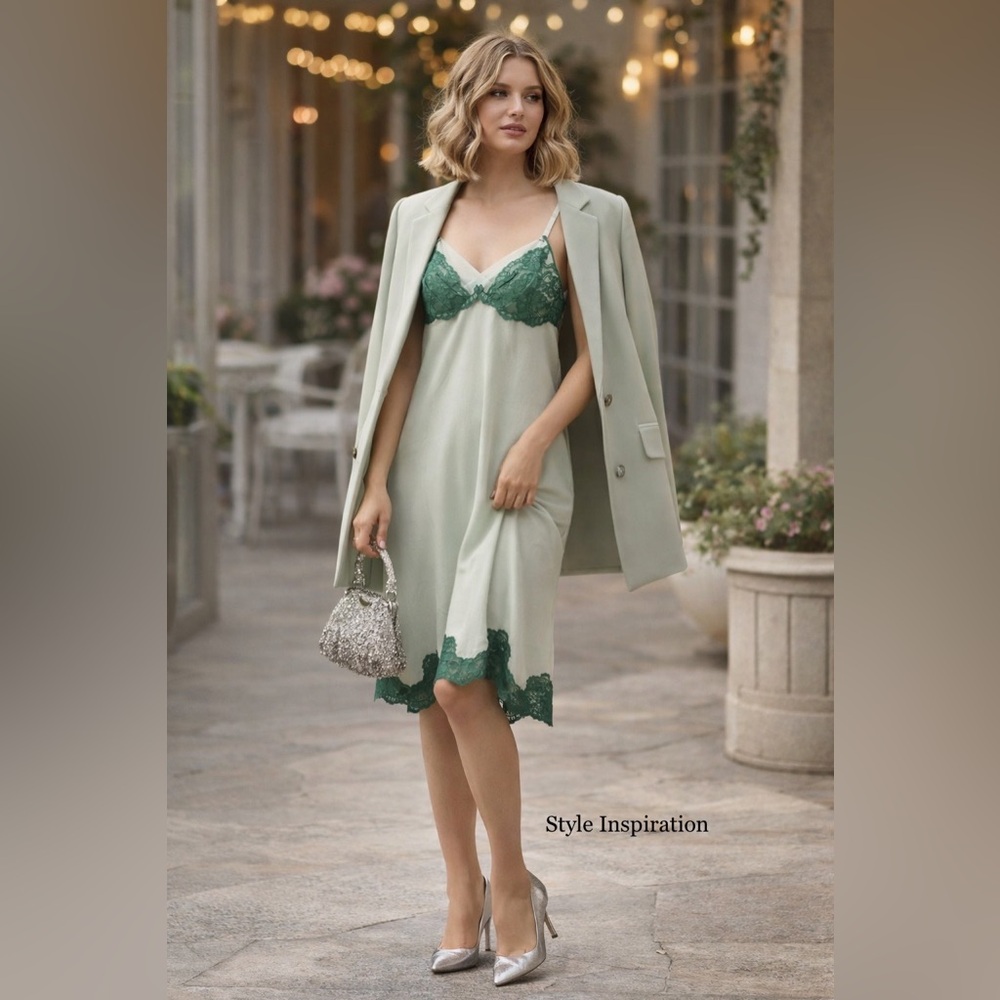 Green Slip Lace Trim Chemise Vintage Dress